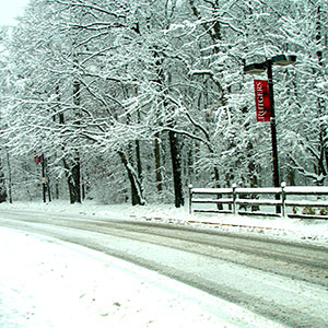 Road on Rutgers campus during winter.